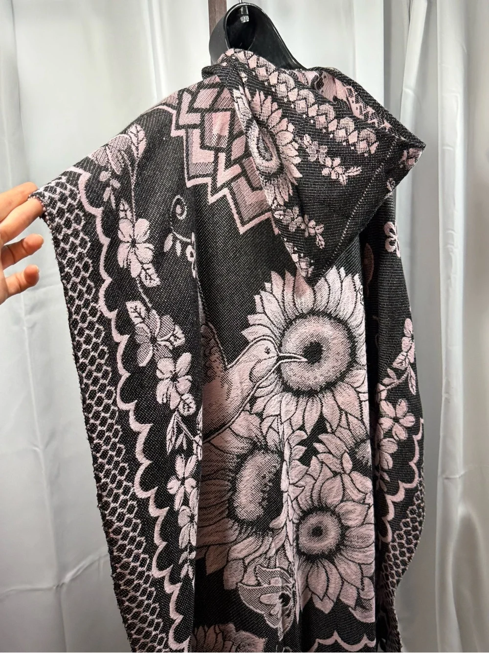Hummingbird & Sunflower Hooded Poncho | One Size